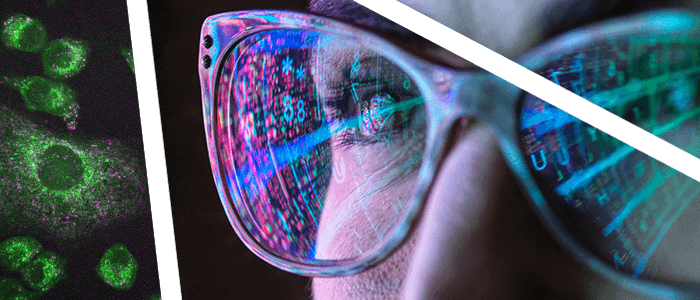 Closeup of person wearing reading glasses looking at colorful lights